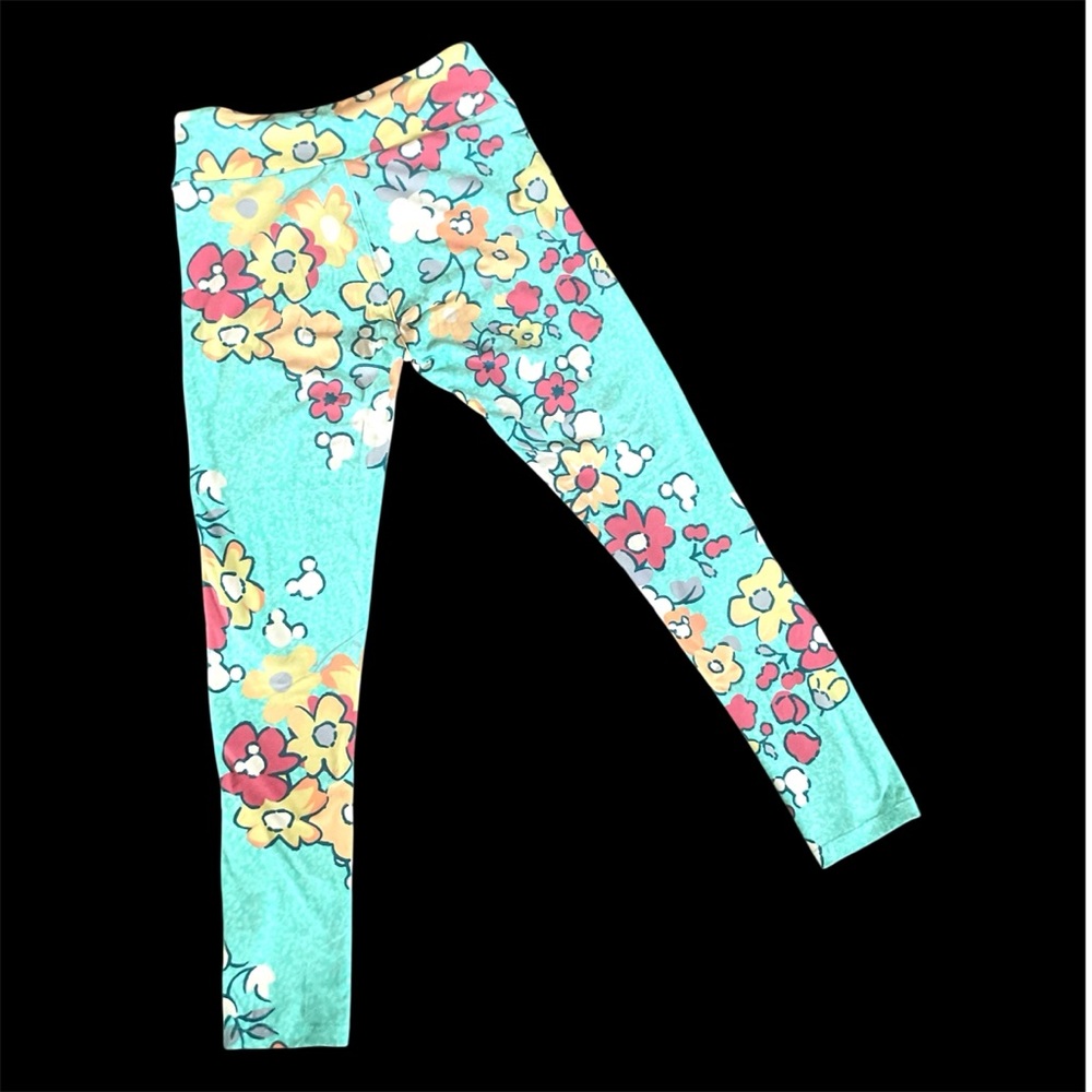 LuLaRoe Aqua Floral Leggings With Hidden “Mickey” Designs Size OS
